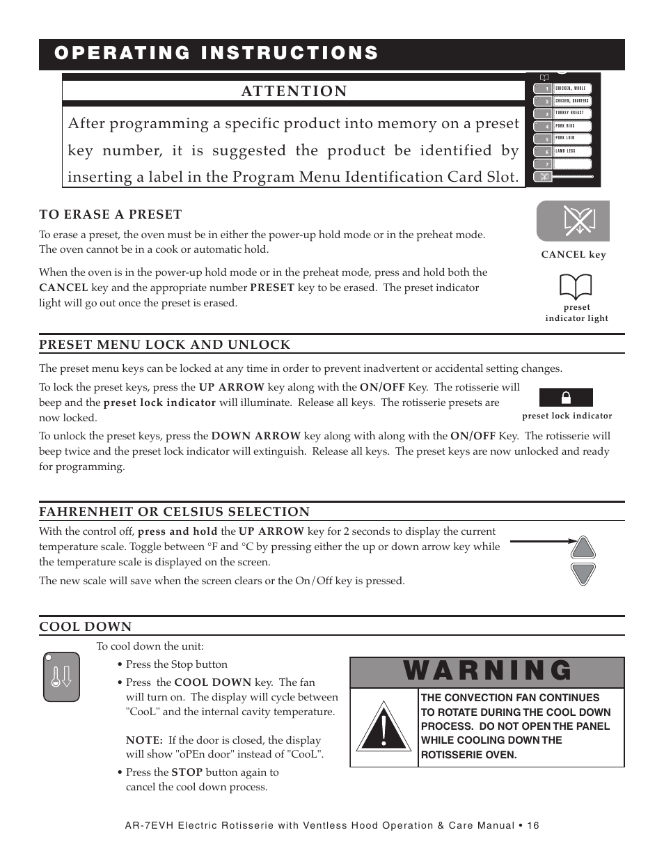 Preset menu lock and unlock, Fahrenheit or celsius selection, Cool down | Alto-Shaam AR-7E/VH User Manual | Page 18 / 40