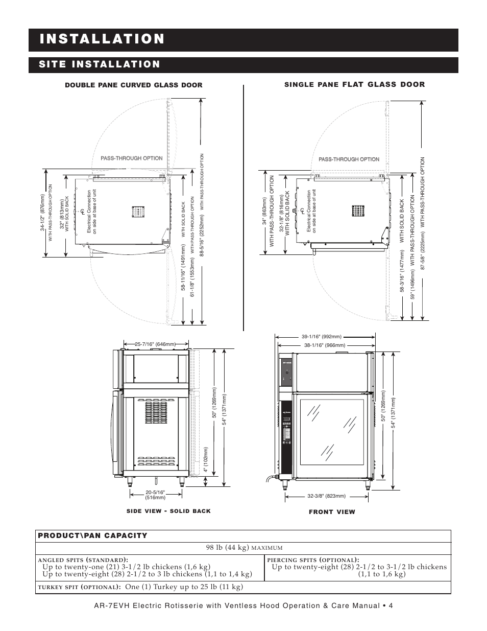 I n s ta l l at i o n, Flat glass door | Alto-Shaam AR-7E/VH User Manual | Page 6 / 40