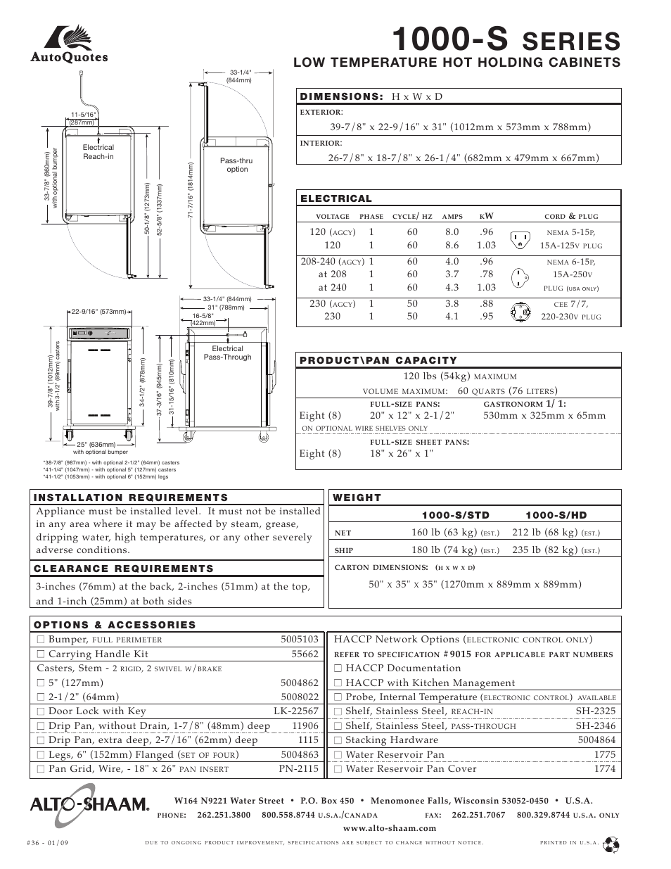 1000-s, Series, Low temperature hot holding cabinets | Alto-Shaam 1000-S Series User Manual | Page 2 / 2