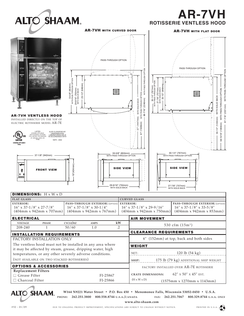 Alto-Shaam Ventless Hood AR-7VH User Manual | 1 page