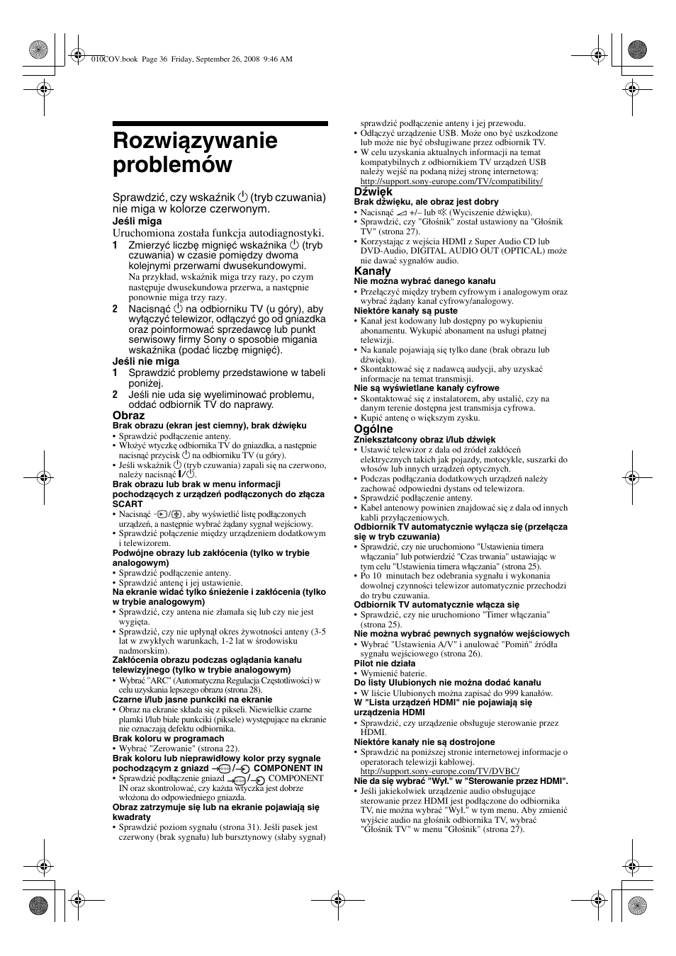 Rozwiązywanie problemów | Sony KDL-32V4500 User Manual | Page 108 / 215