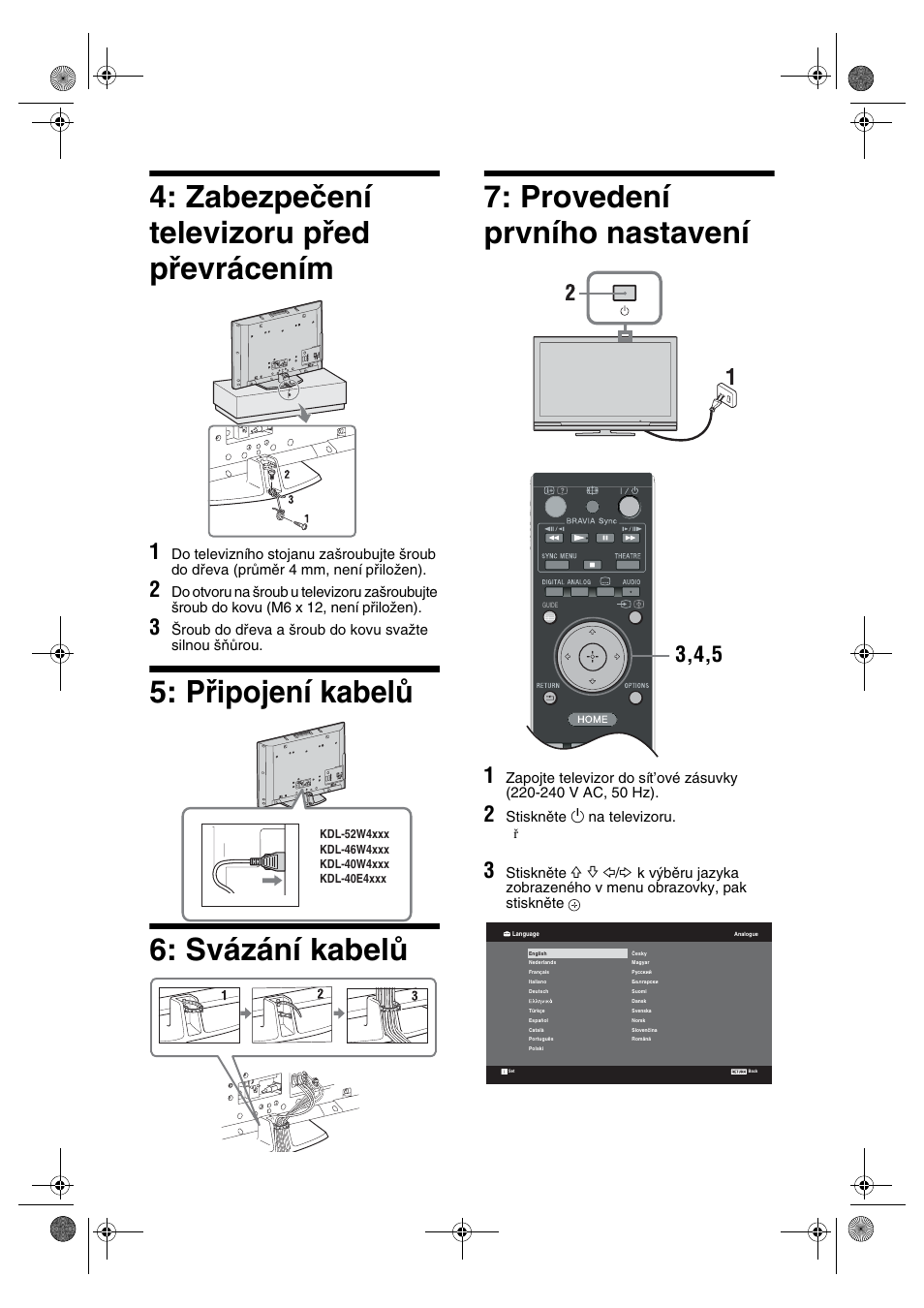 Zabezpečení televizoru před převrácením | Sony KDL-32V4500 User Manual | Page 114 / 215