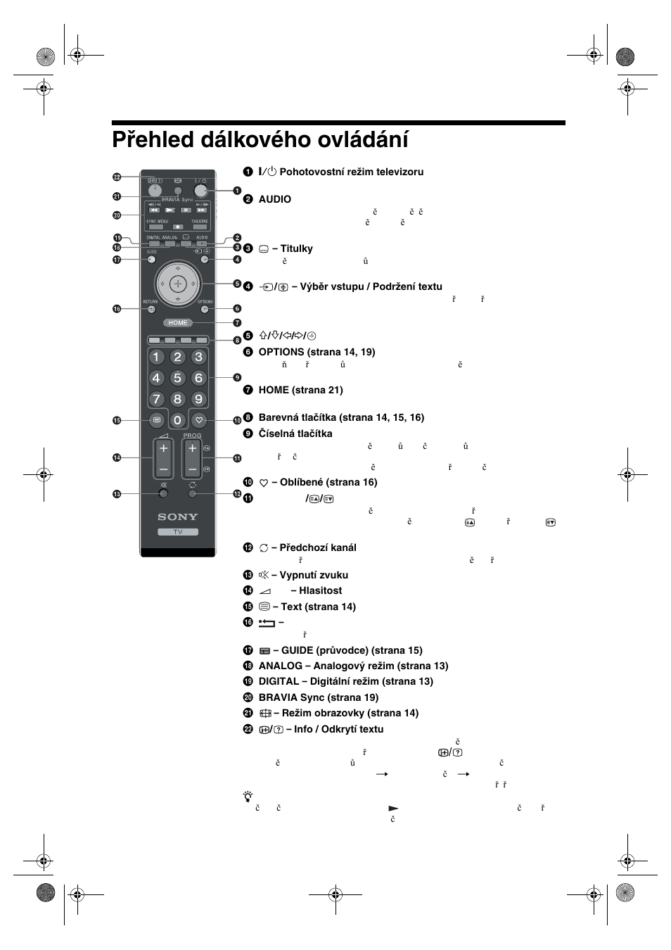 Přehled dálkového ovládání | Sony KDL-32V4500 User Manual | Page 119 / 215