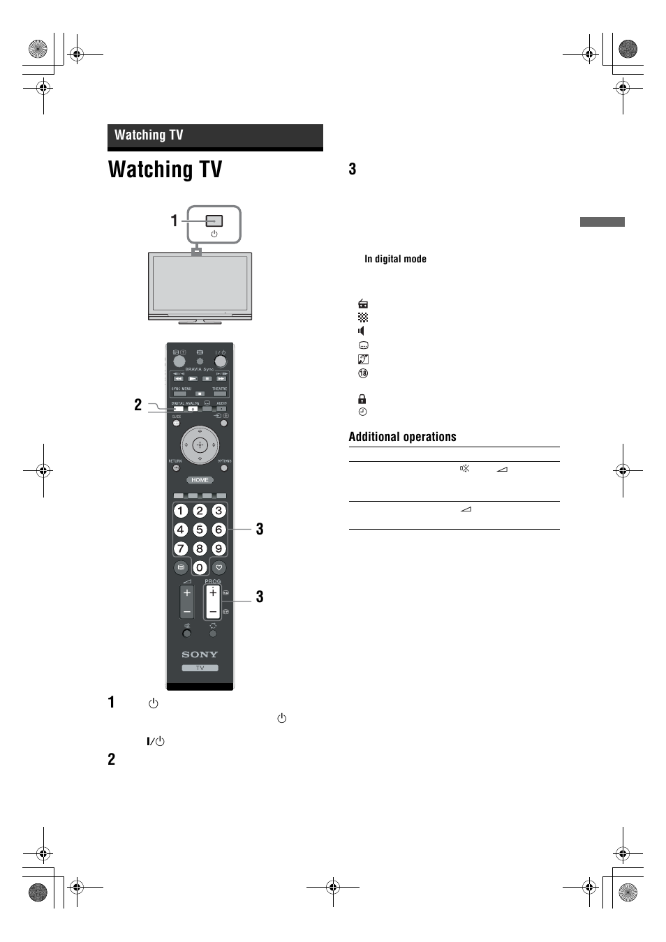 Watching tv | Sony KDL-32V4500 User Manual | Page 13 / 215
