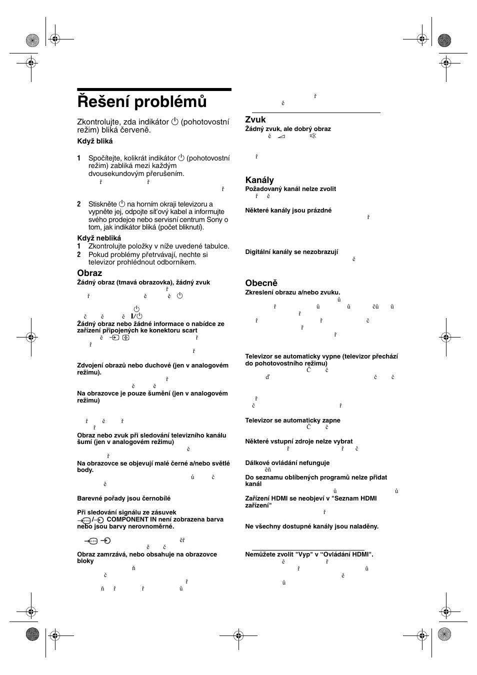 Řešení problémů, Obraz, Zvuk | Kanály, Obecně | Sony KDL-32V4500 User Manual | Page 144 / 215