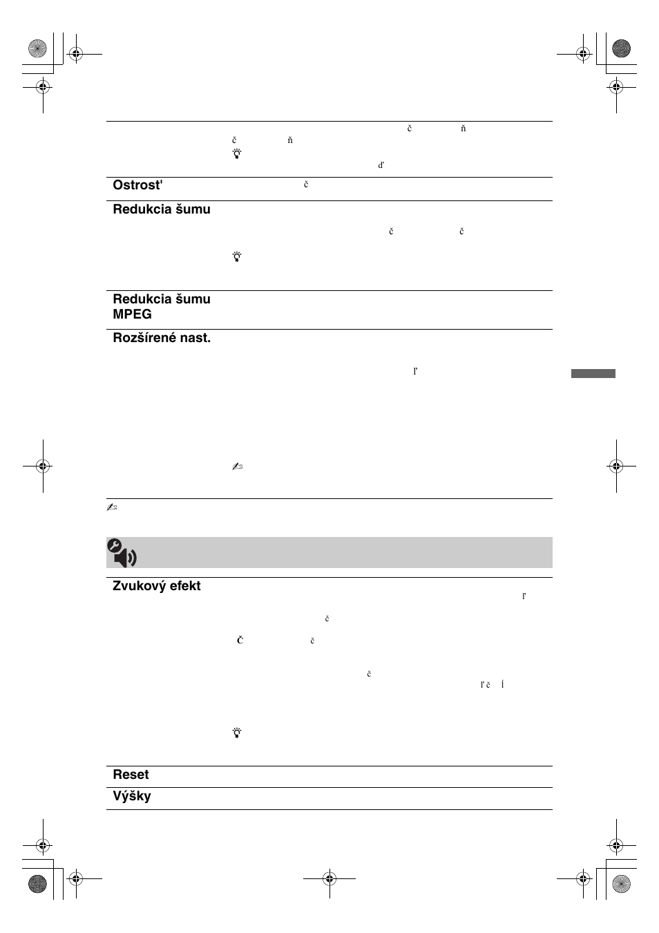 Ostrost, Redukcia šumu, Redukcia šumu mpeg | Rozšírené nast, Zvuk zvukový efekt, Reset, Výšky | Sony KDL-32V4500 User Manual | Page 167 / 215