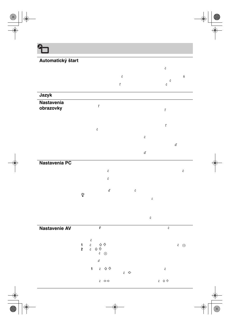 Nastavenie automatický štart, Jazyk, Nastavenia obrazovky | Nastavenia pc, Nastavenie av | Sony KDL-32V4500 User Manual | Page 170 / 215