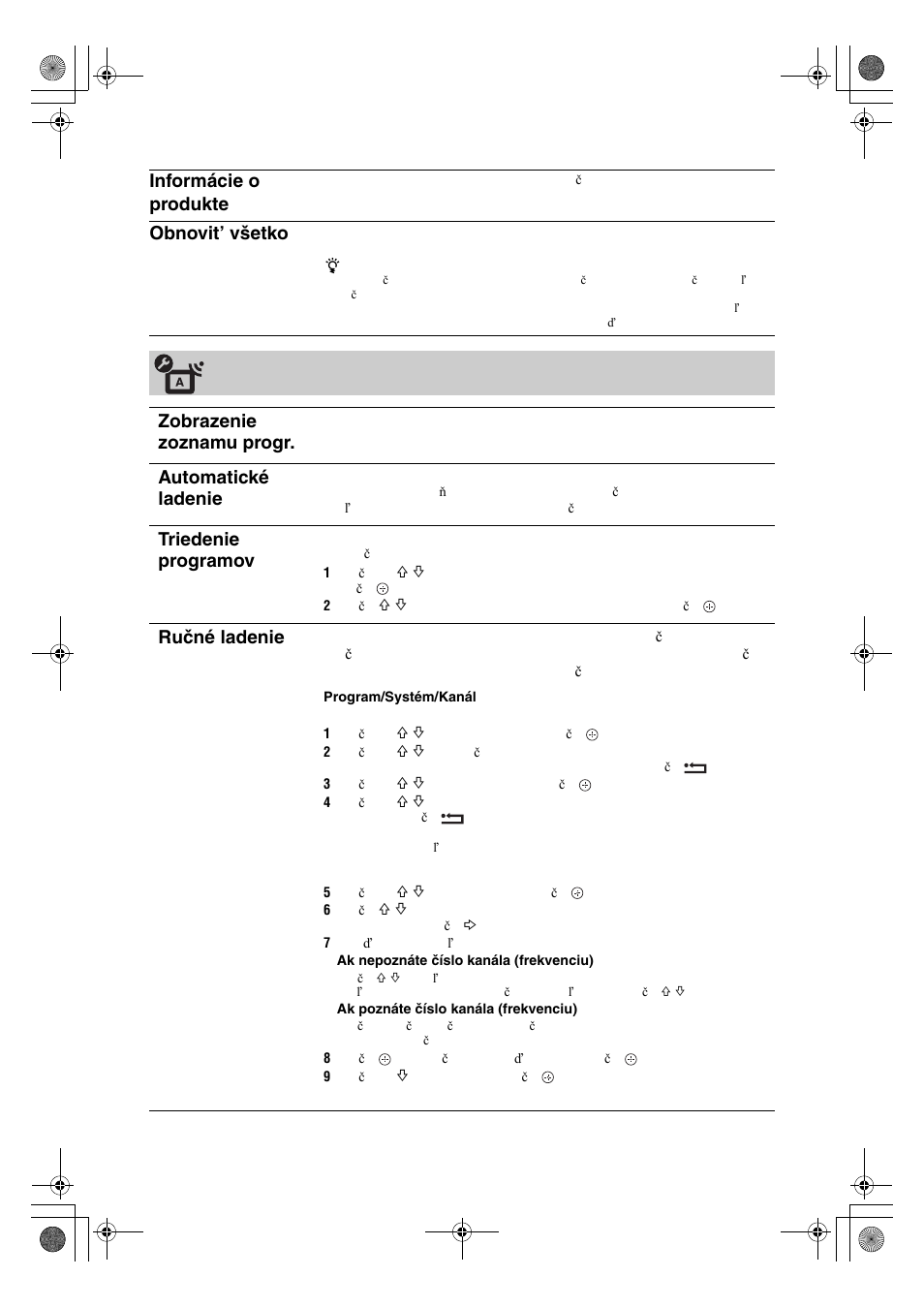 Informácie o produkte, Obnovit’ všetko, Analógové nastavenie zobrazenie zoznamu progr | Automatické ladenie, Triedenie programov, Ručné ladenie | Sony KDL-32V4500 User Manual | Page 172 / 215