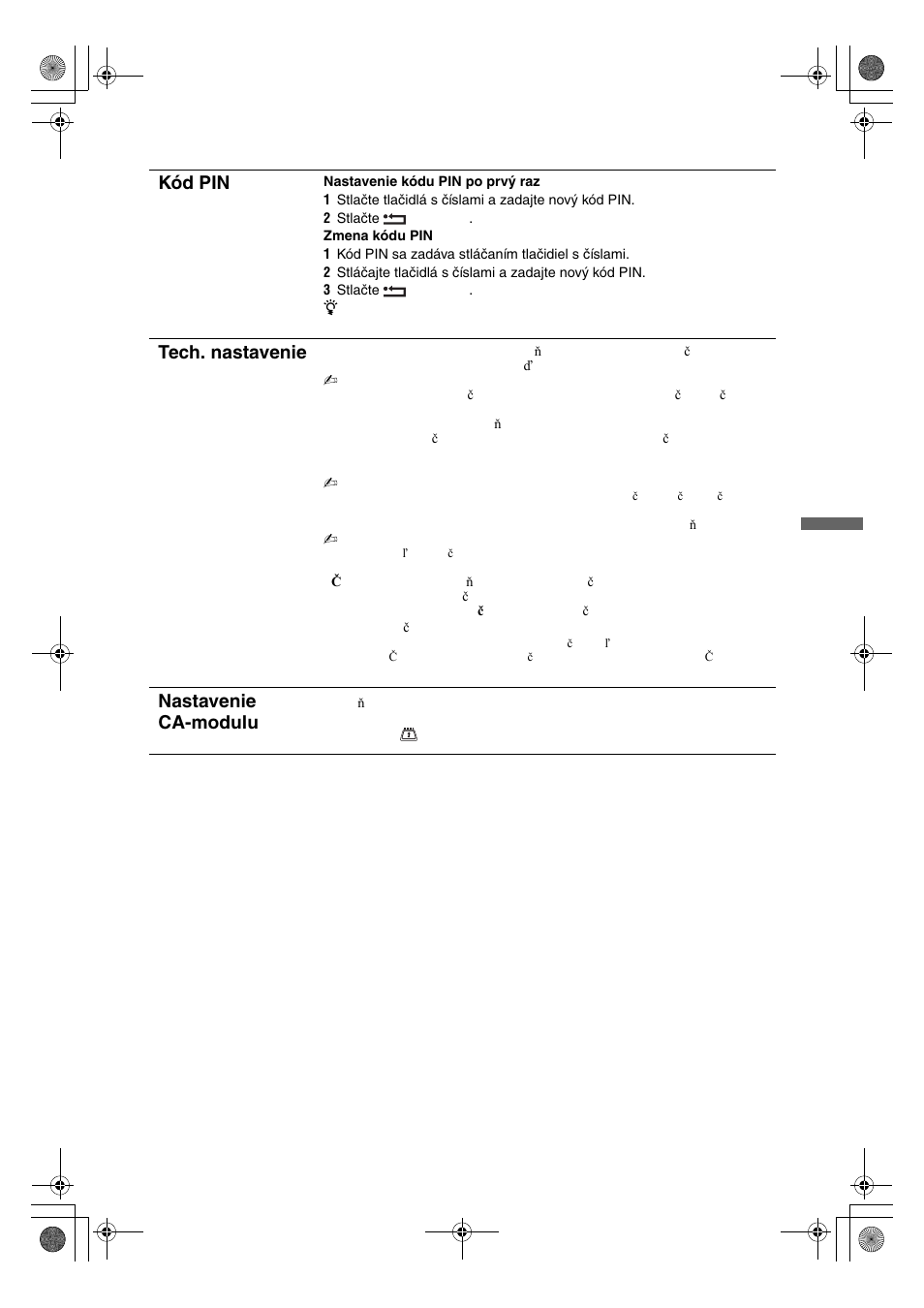 Kód pin, Tech. nastavenie, Nastavenie ca-modulu | Sony KDL-32V4500 User Manual | Page 175 / 215