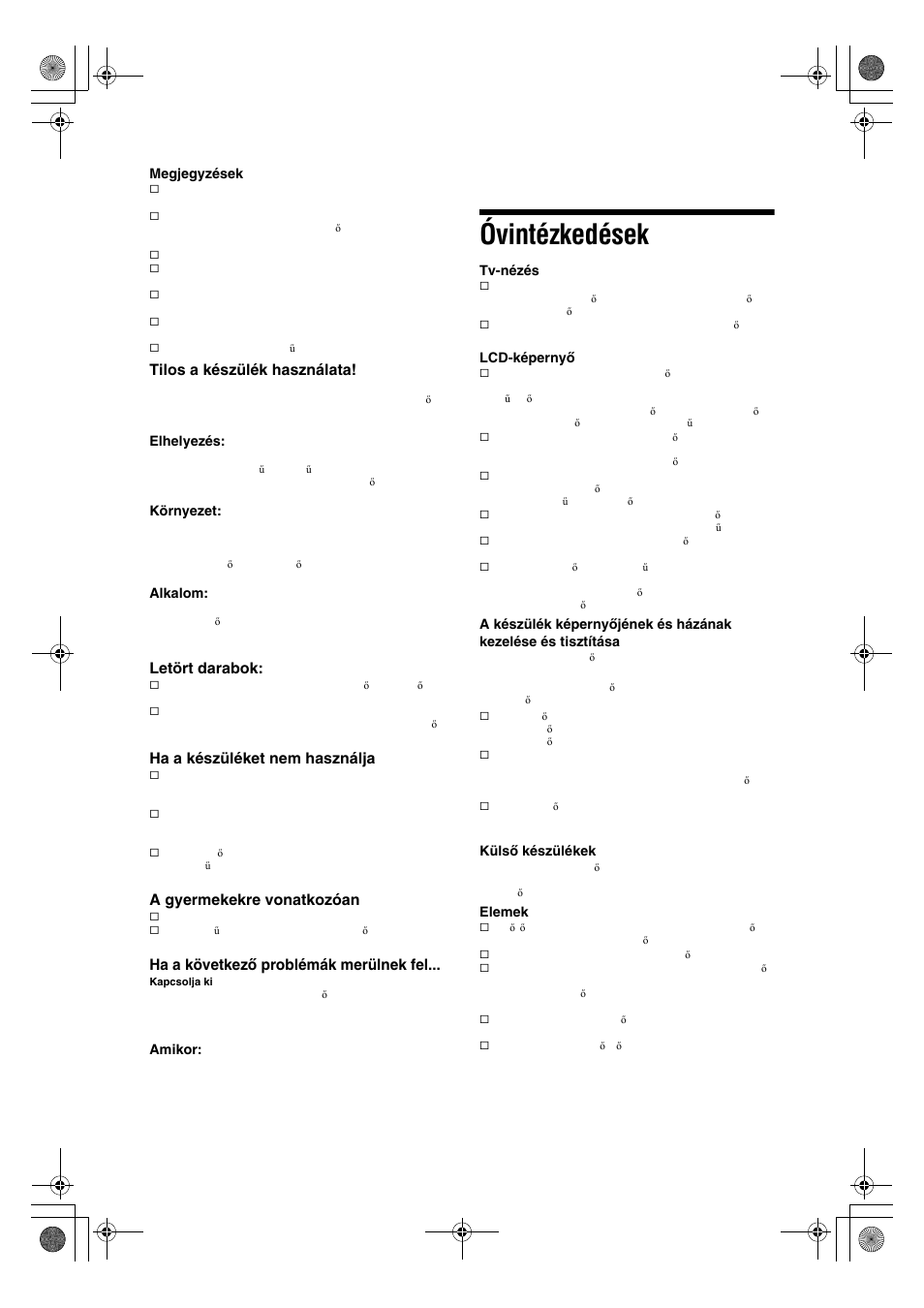 Óvintézkedések | Sony KDL-32V4500 User Manual | Page 189 / 215