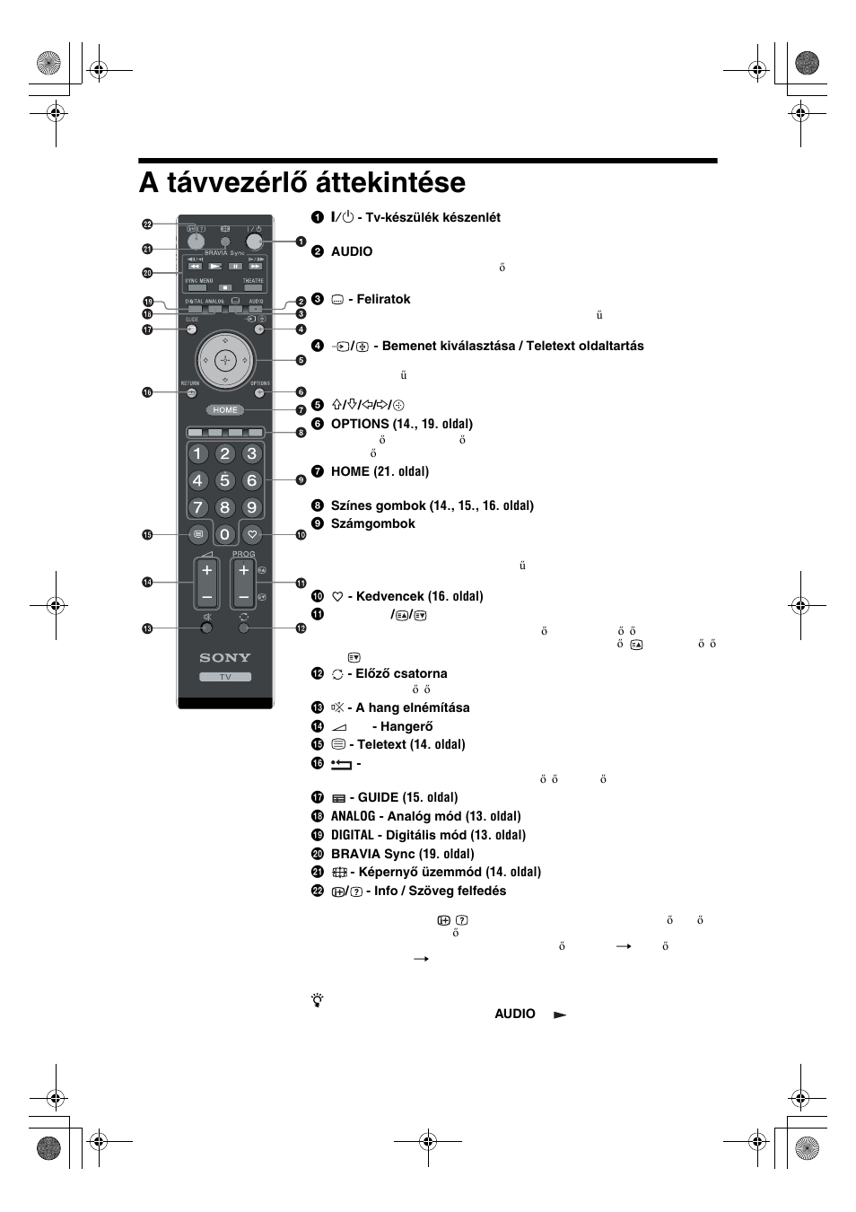 A távvezérlő áttekintése | Sony KDL-32V4500 User Manual | Page 190 / 215