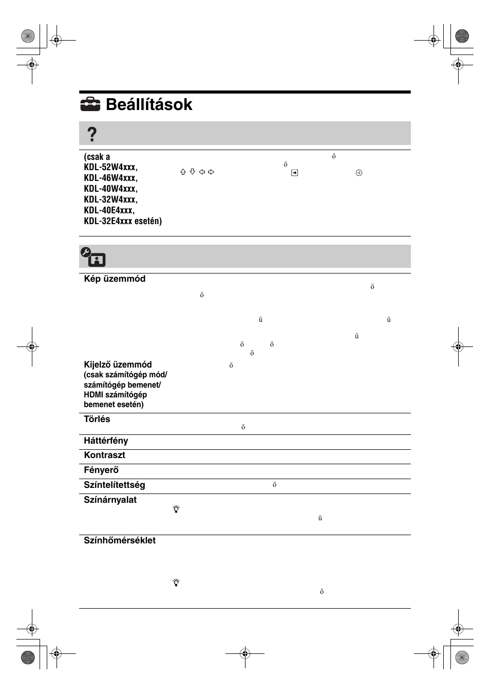 Beállítások | Sony KDL-32V4500 User Manual | Page 201 / 215