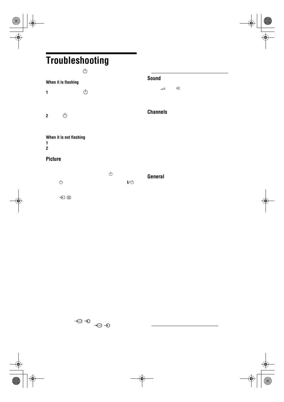 Troubleshooting, Picture, Sound | Channels, General | Sony KDL-32V4500 User Manual | Page 36 / 215