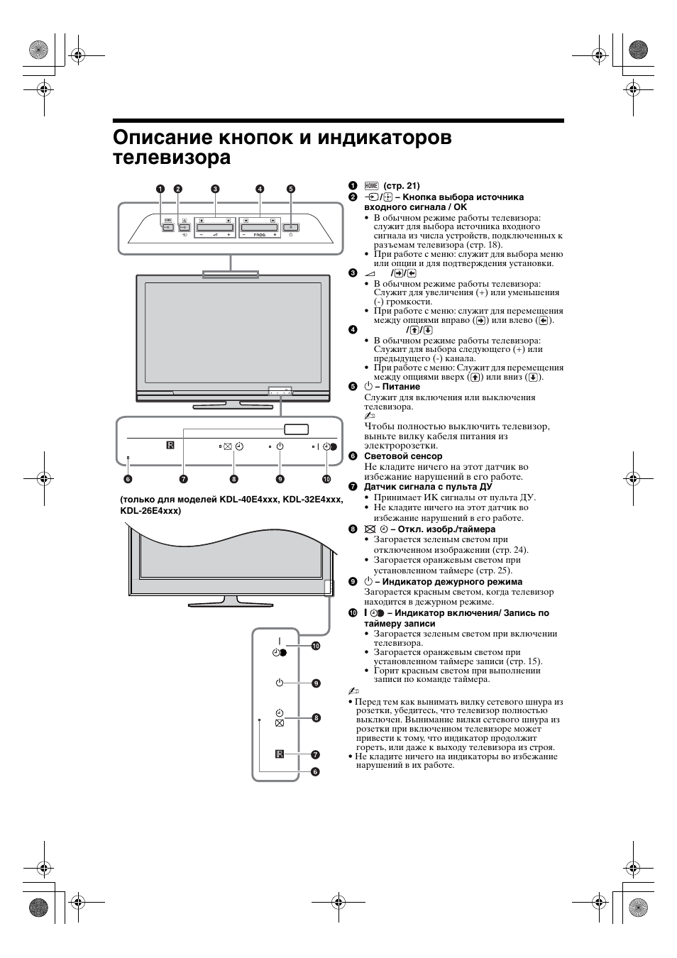 Описание кнопок и индикаторов телевизора | Sony KDL-32V4500 User Manual | Page 48 / 215