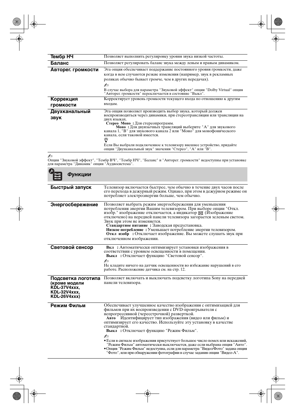 Функции | Sony KDL-32V4500 User Manual | Page 60 / 215
