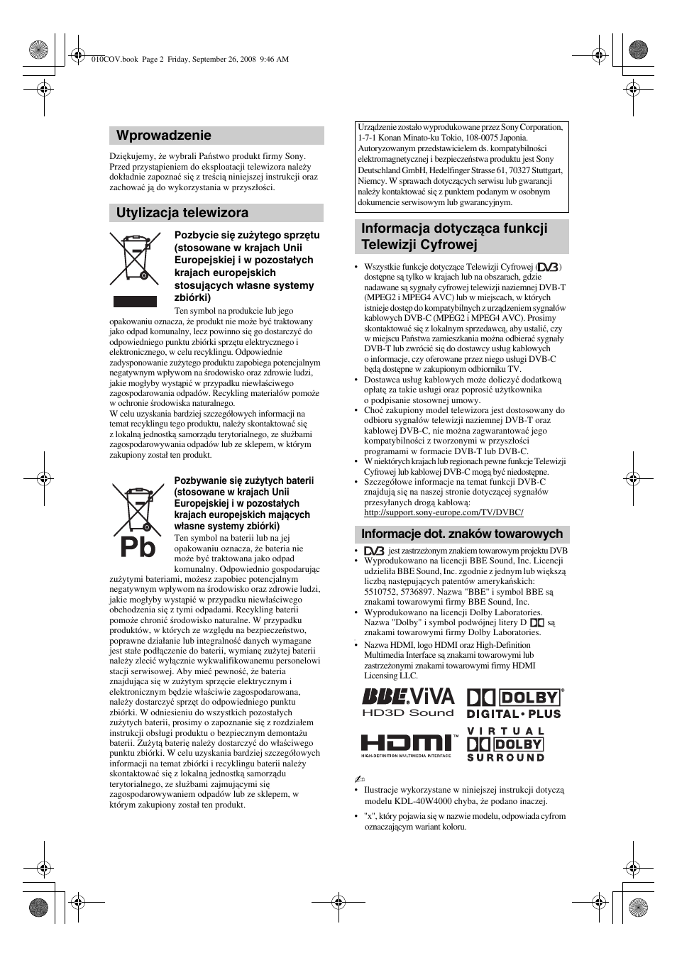 Viva, Informacje dot. znaków towarowych | Sony KDL-32V4500 User Manual | Page 74 / 215