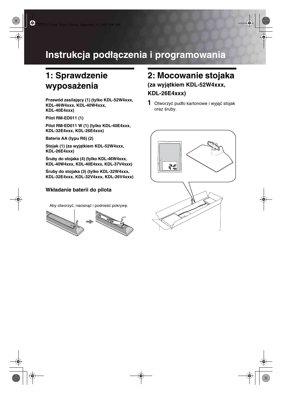 Instrukcja podłączenia i programowania, Sprawdzenie wyposażenia, Mocowanie stojaka | Sony KDL-32V4500 User Manual | Page 76 / 215