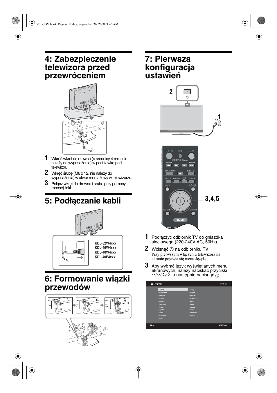 Zabezpieczenie telewizora przed przewróceniem | Sony KDL-32V4500 User Manual | Page 78 / 215
