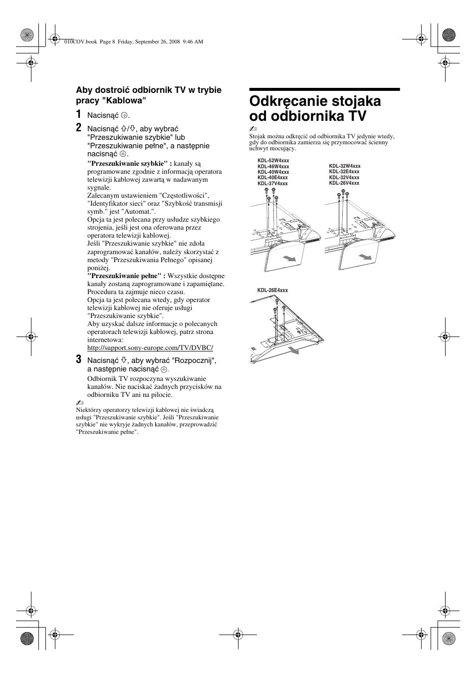 Odkręcanie stojaka od odbiornika tv | Sony KDL-32V4500 User Manual | Page 80 / 215