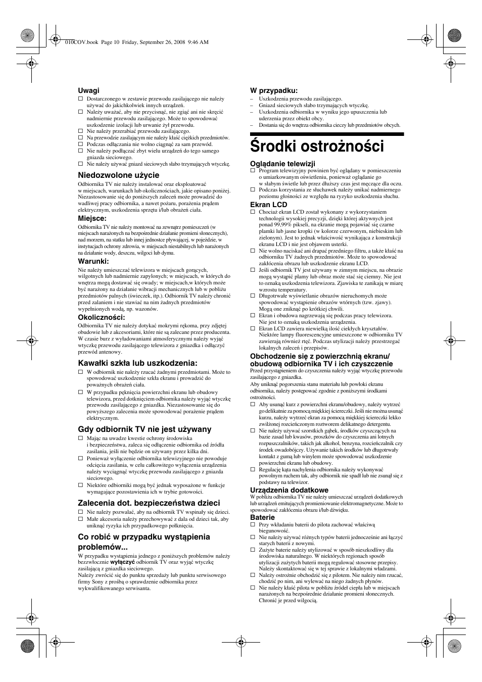 Środki ostrożności | Sony KDL-32V4500 User Manual | Page 82 / 215