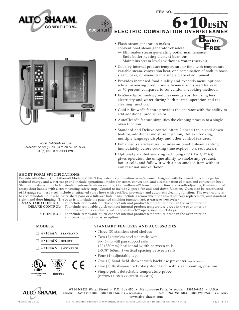 Alto-Shaam 6.10ESiN User Manual | 6 pages