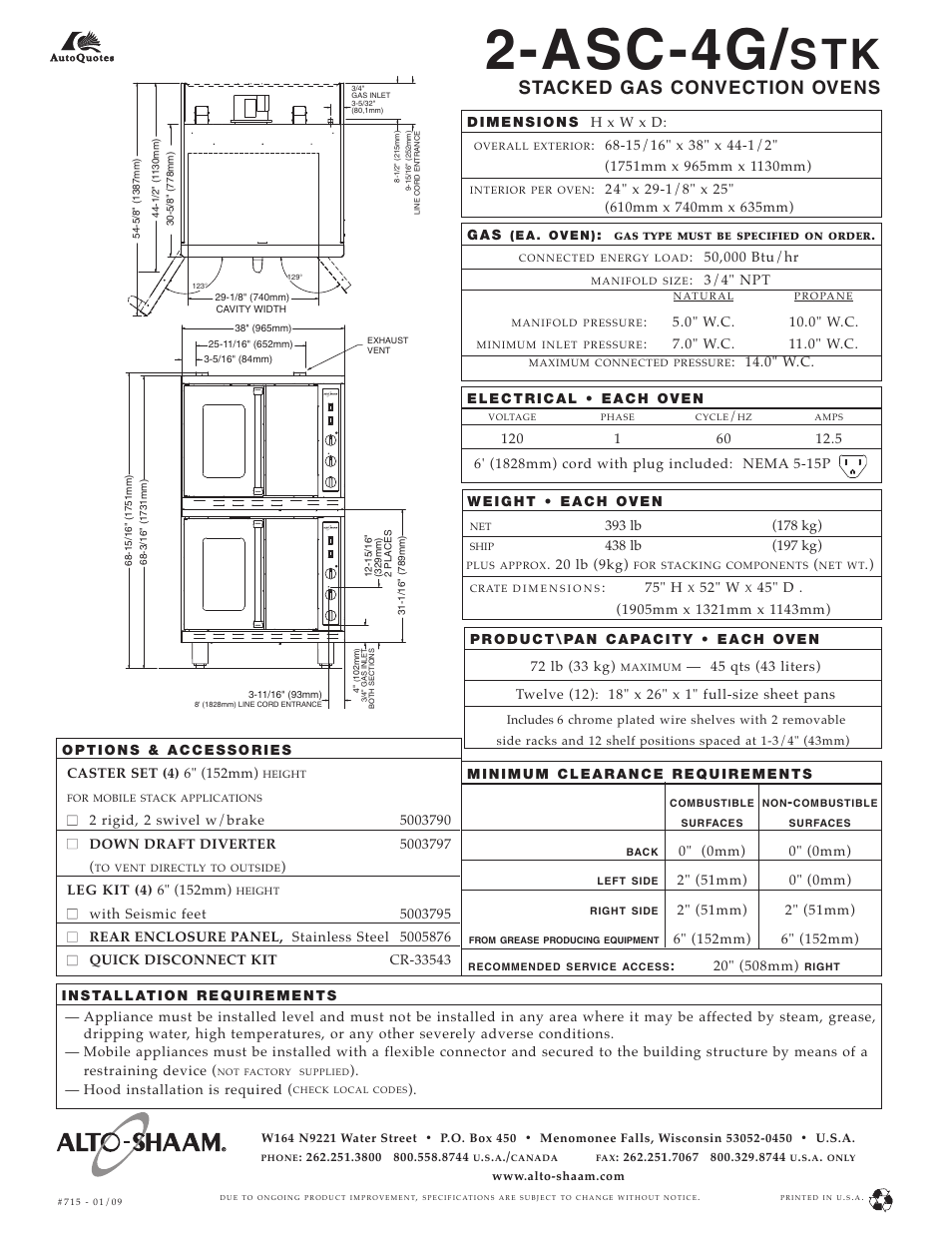 Asc-4g, Stacked gas convection ovens, Hood installation is required | 20 lb (9kg), 75" h, 52" w, G a s, 3/4" npt, 0" w.c. 10.0" w.c, 0" w.c. 11.0" w.c | Alto-Shaam 2-ASC-4G/STK User Manual | Page 2 / 2
