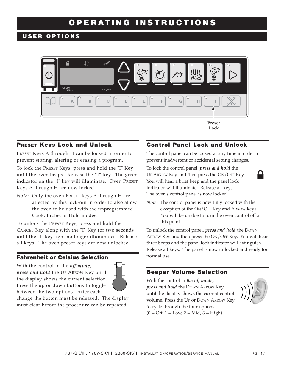 Keys lock and unlock, Fahrenheit or celsius selection, Control panel lock and unlock | Beeper volume selection | Alto-Shaam Cook User Manual | Page 19 / 46