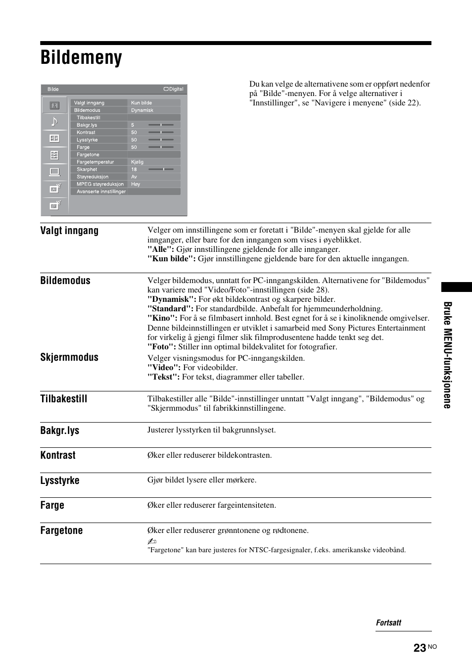 Bildemeny, Se side 23, Side 23 t | Sony KDL-40V3000 User Manual | Page 105 / 300