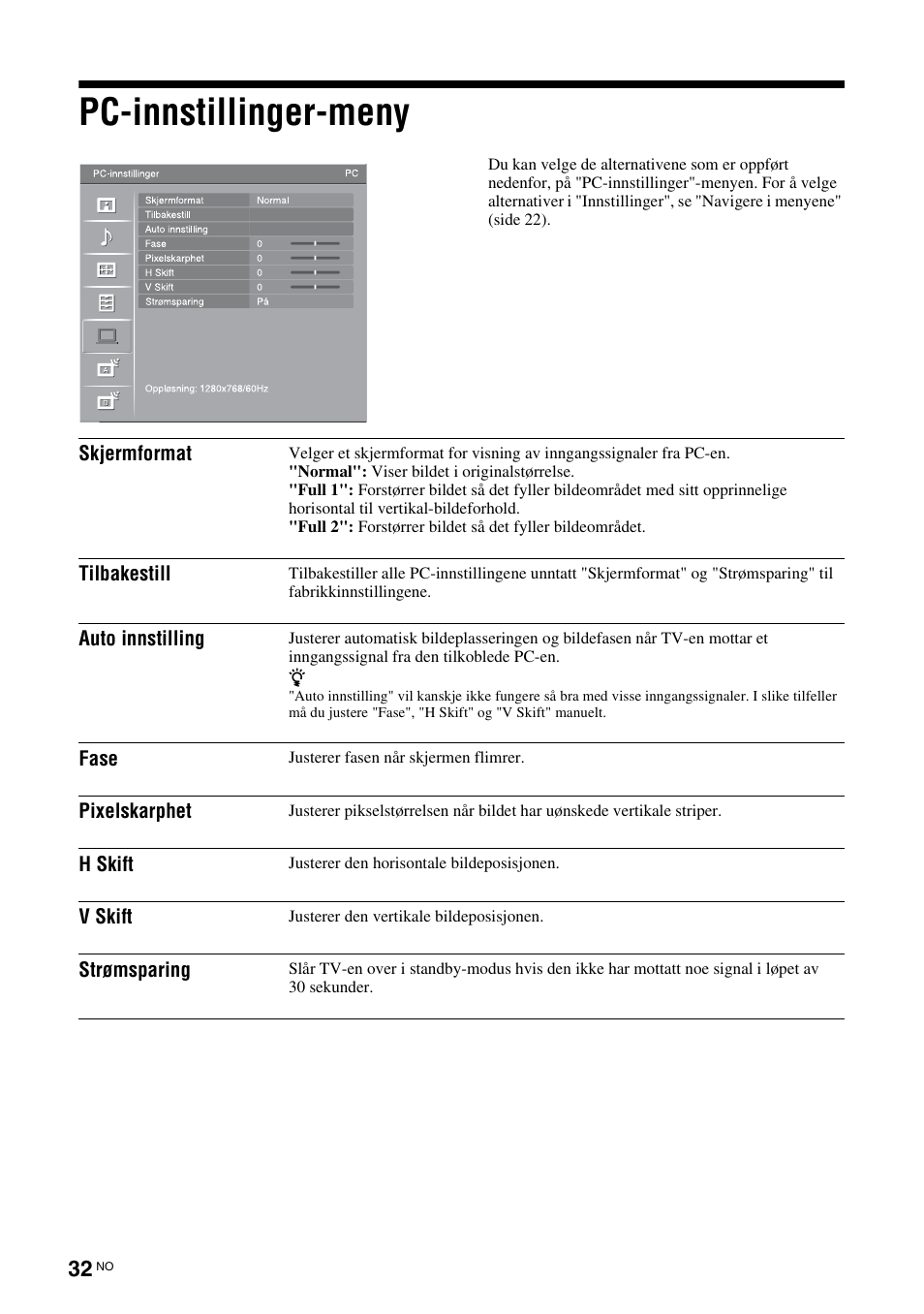 Pc-innstillinger-meny, Se side 32, S (side 32) | Sony KDL-40V3000 User Manual | Page 114 / 300