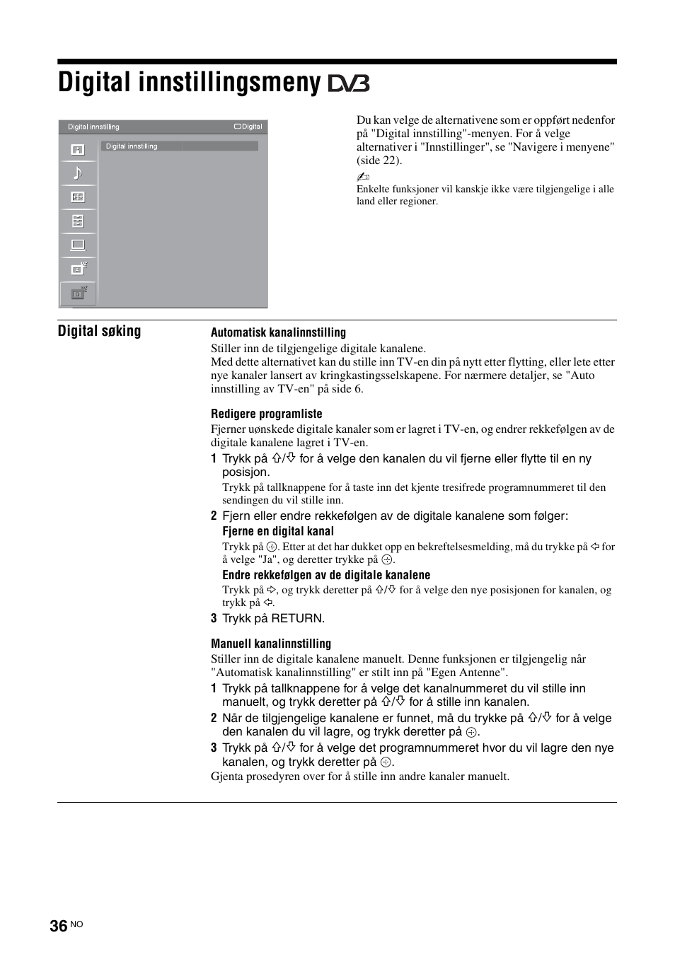 Digital innstillingsmeny | Sony KDL-40V3000 User Manual | Page 118 / 300