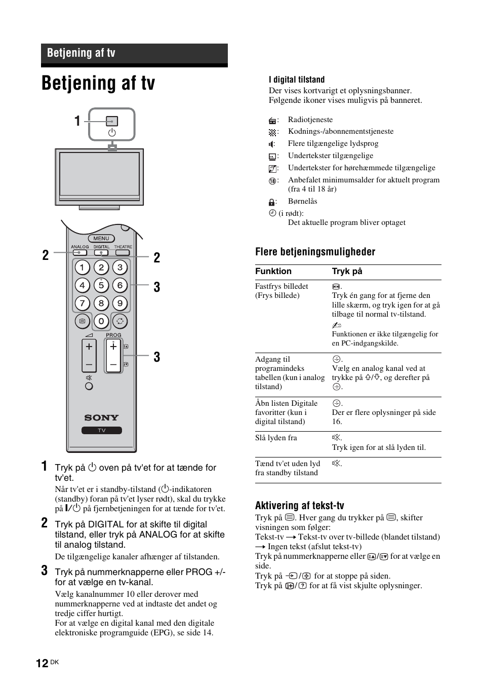 Betjening af tv, Side 12), Side 12 | D (side 12) | Sony KDL-40V3000 User Manual | Page 12 / 300