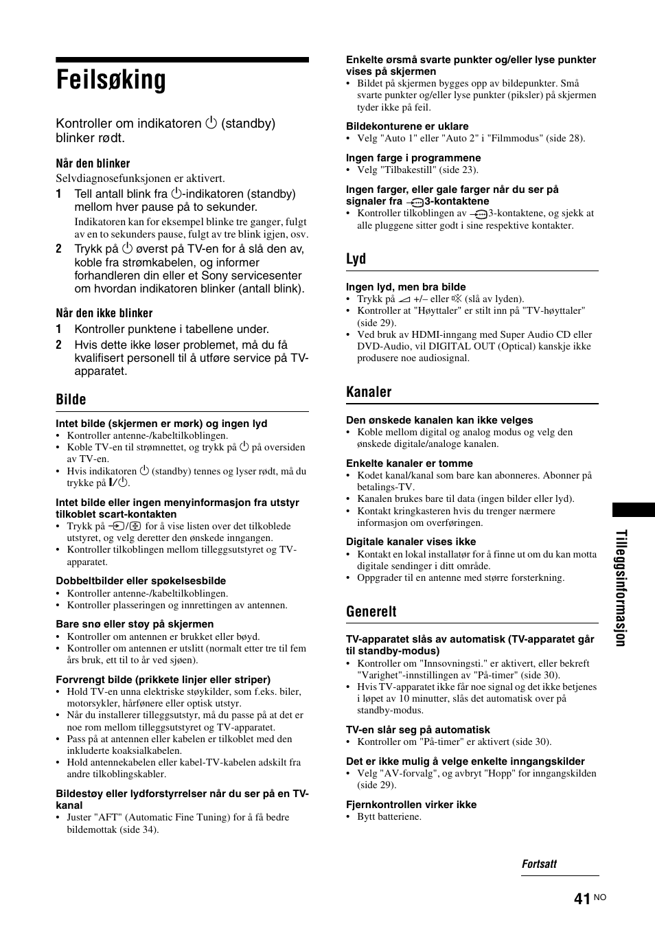 Feilsøking, Ti lleg gsi n fo rmasj o n, Bilde | Kanaler, Generelt | Sony KDL-40V3000 User Manual | Page 123 / 300