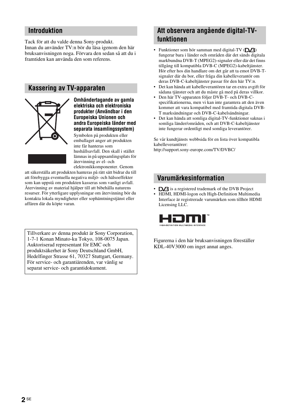 Introduktion kassering av tv-apparaten | Sony KDL-40V3000 User Manual | Page 126 / 300