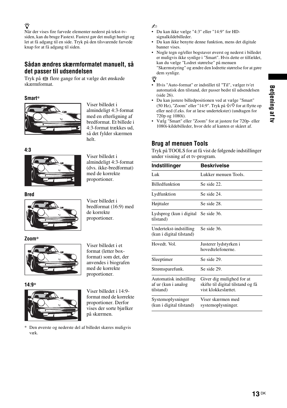 Side 13, Side 13), Be tj eni ng af t v | Brug af menuen tools | Sony KDL-40V3000 User Manual | Page 13 / 300