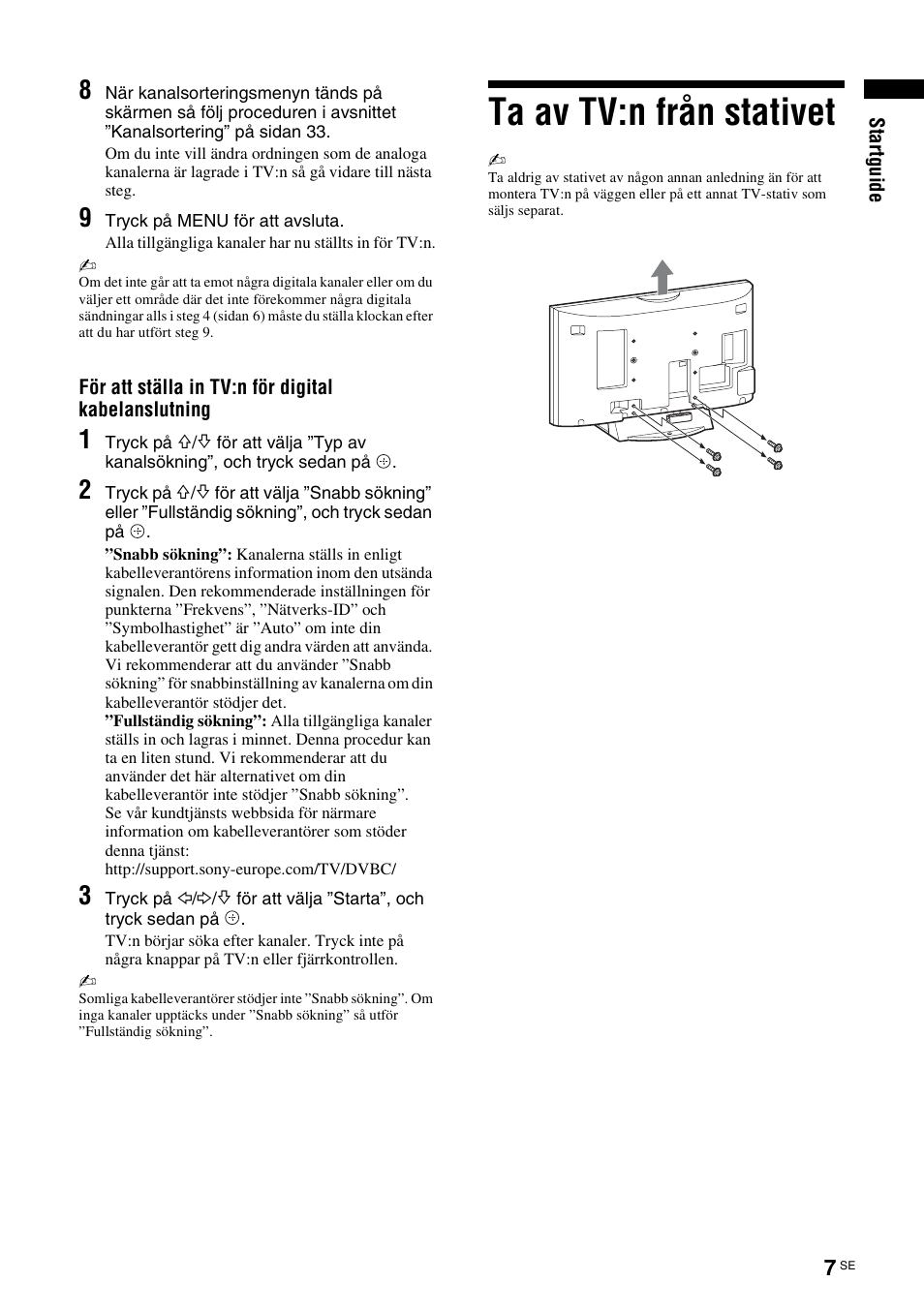Ta av tv:n från stativet | Sony KDL-40V3000 User Manual | Page 131 / 300
