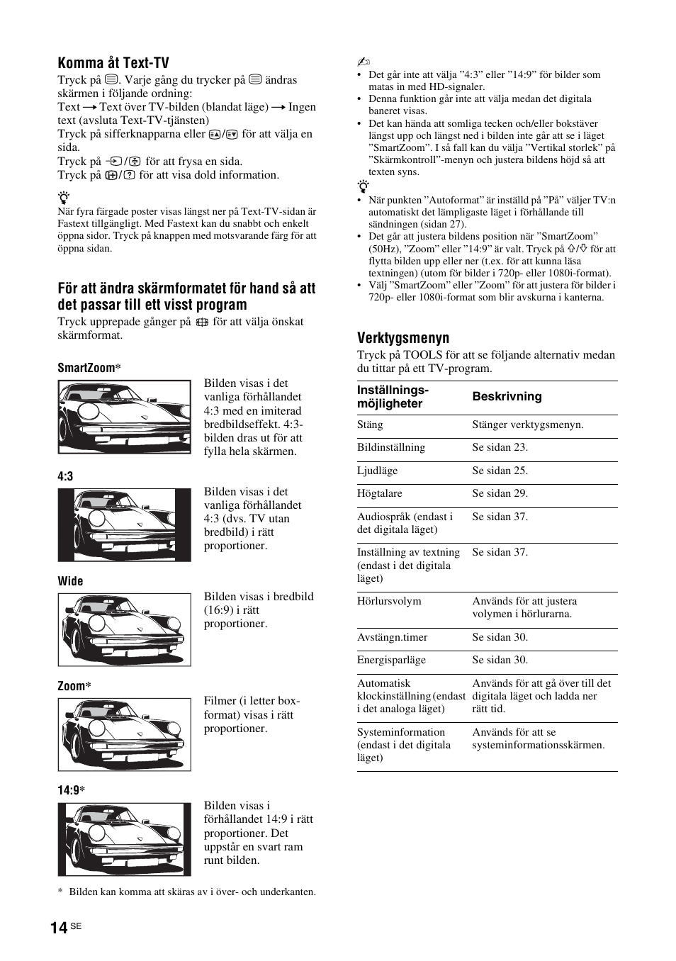 Sidan 14, Sidan 14), Komma åt text-tv | Verktygsmenyn | Sony KDL-40V3000 User Manual | Page 138 / 300