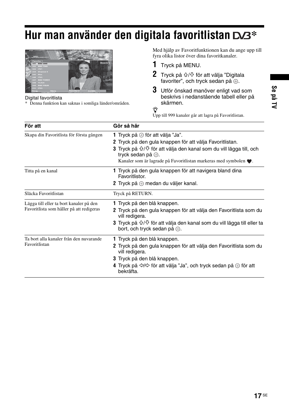 Hur man använder den digitala favoritlistan | Sony KDL-40V3000 User Manual | Page 141 / 300