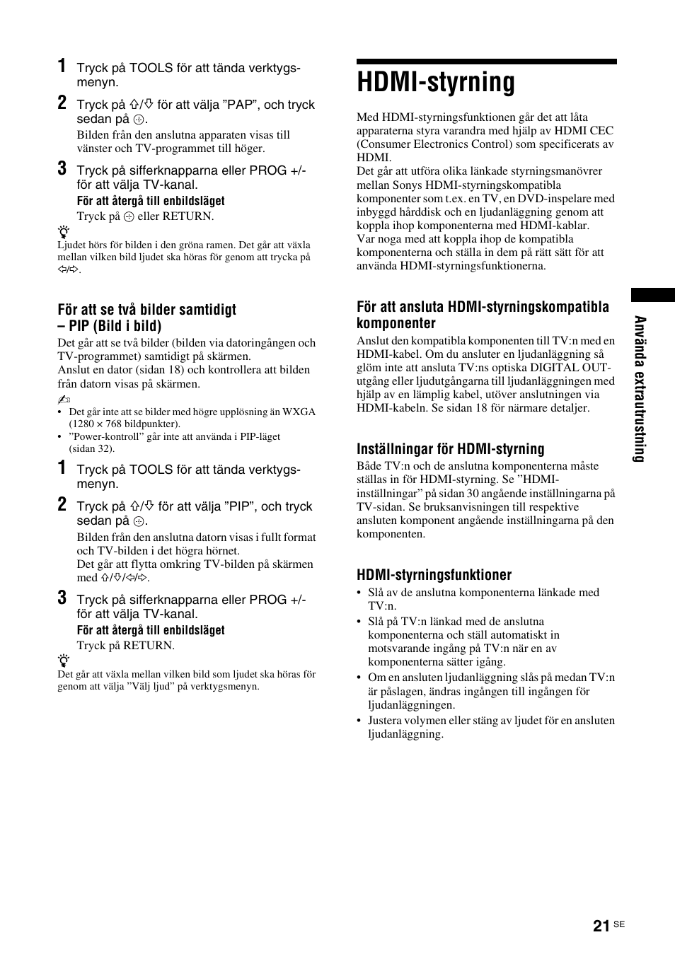 Hdmi-styrning, Se sidan 21 | Sony KDL-40V3000 User Manual | Page 145 / 300