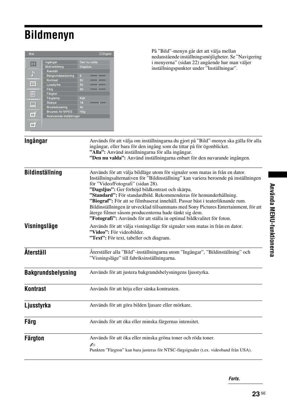 Bildmenyn, Se sidan 23, Sidan 23 | Sony KDL-40V3000 User Manual | Page 147 / 300
