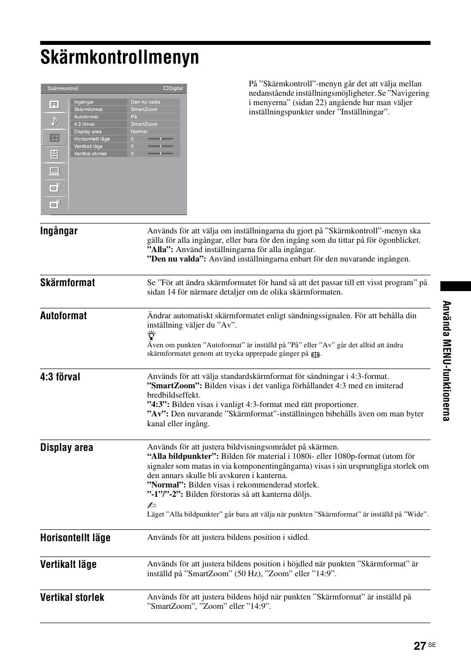 Skärmkontrollmenyn, N (sidan 27) | Sony KDL-40V3000 User Manual | Page 151 / 300