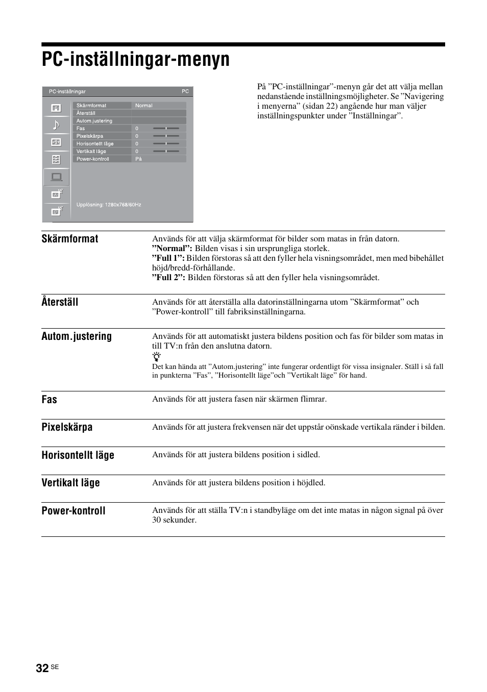 Pc-inställningar-menyn, Se sidan 32, Sidan 32) | Sony KDL-40V3000 User Manual | Page 156 / 300