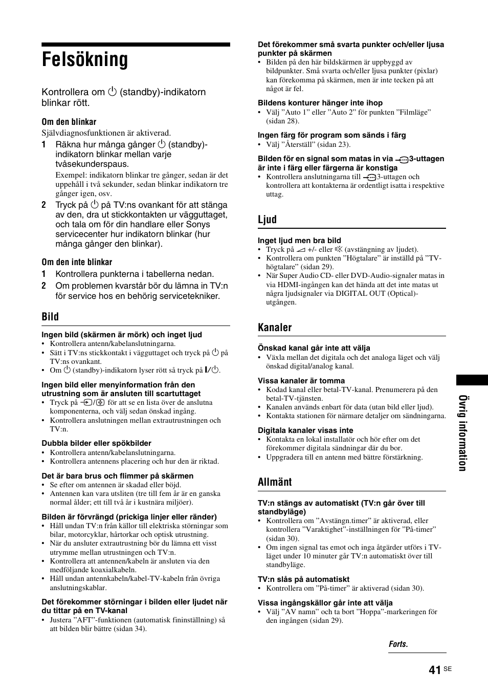 Felsökning, Bild, Ljud | Kanaler, Allmänt | Sony KDL-40V3000 User Manual | Page 165 / 300
