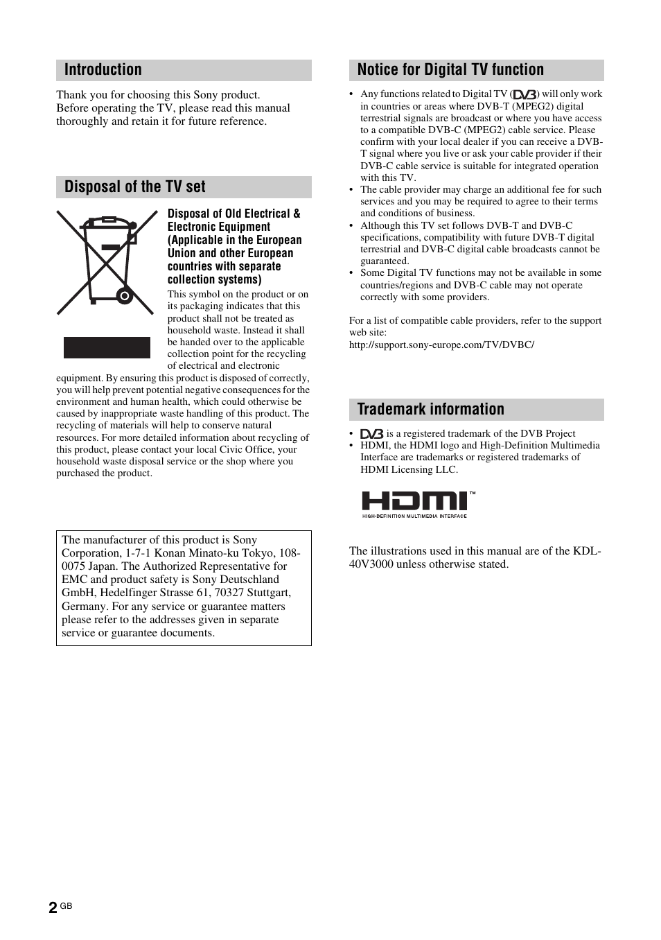 Introduction disposal of the tv set | Sony KDL-40V3000 User Manual | Page 168 / 300