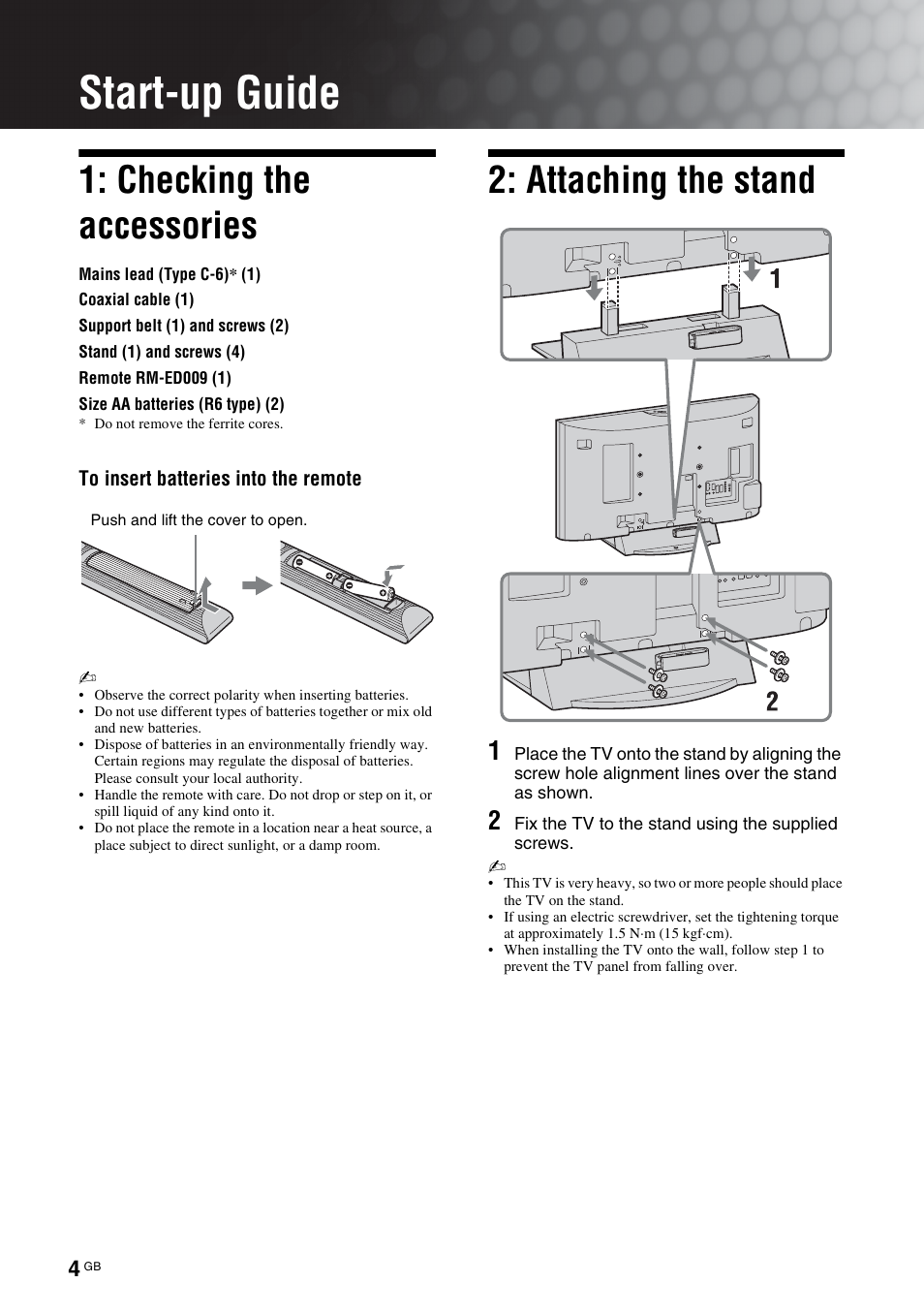 Start-up guide, Checking the accessories, Attaching the stand | Sony KDL-40V3000 User Manual | Page 170 / 300