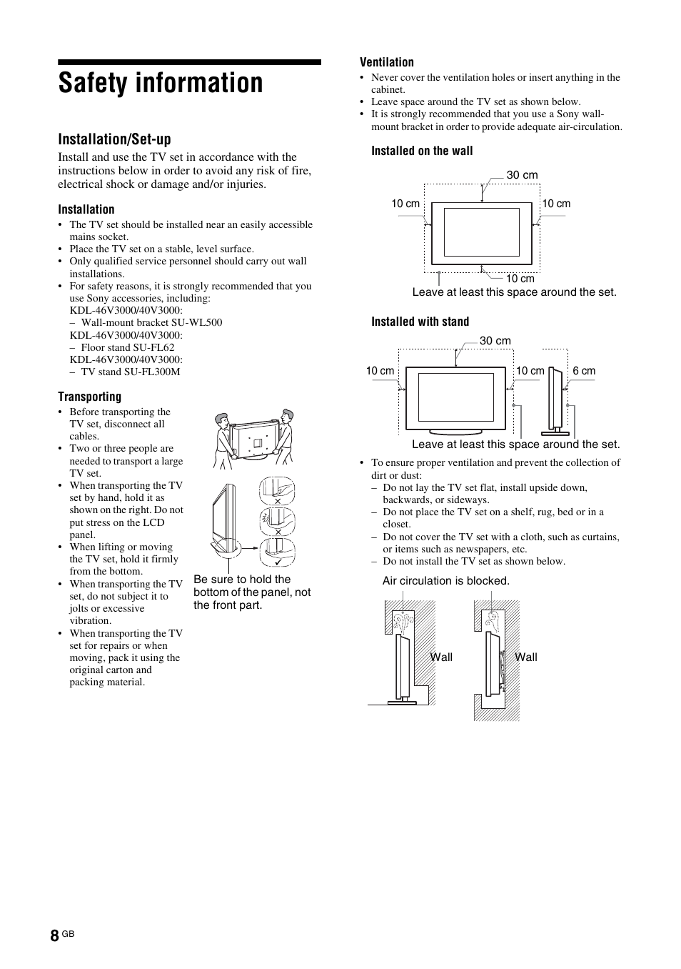 Safety information, Installation/set-up | Sony KDL-40V3000 User Manual | Page 174 / 300