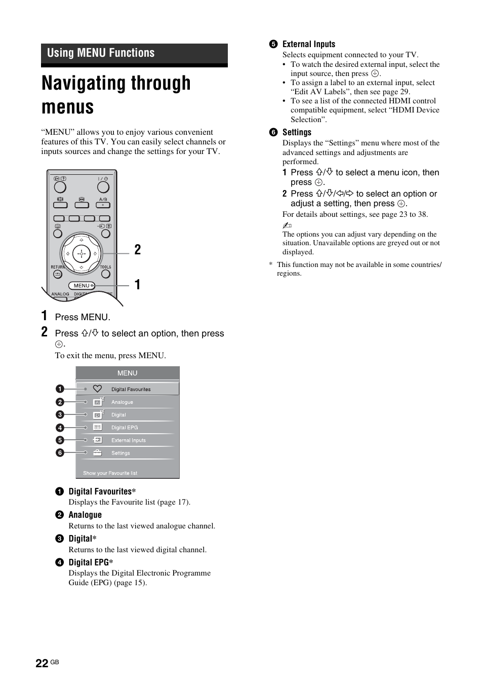 Using menu functions, Navigating through menus | Sony KDL-40V3000 User Manual | Page 188 / 300