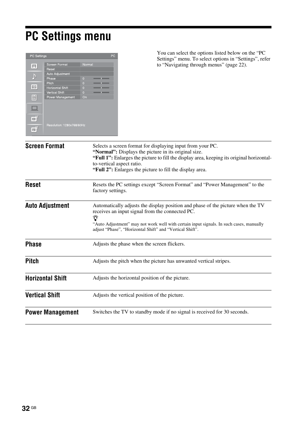Pc settings menu | Sony KDL-40V3000 User Manual | Page 198 / 300
