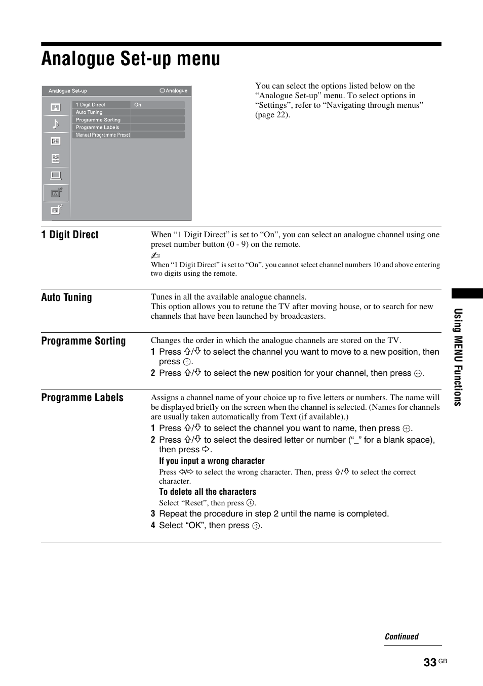 Analogue set-up menu | Sony KDL-40V3000 User Manual | Page 199 / 300