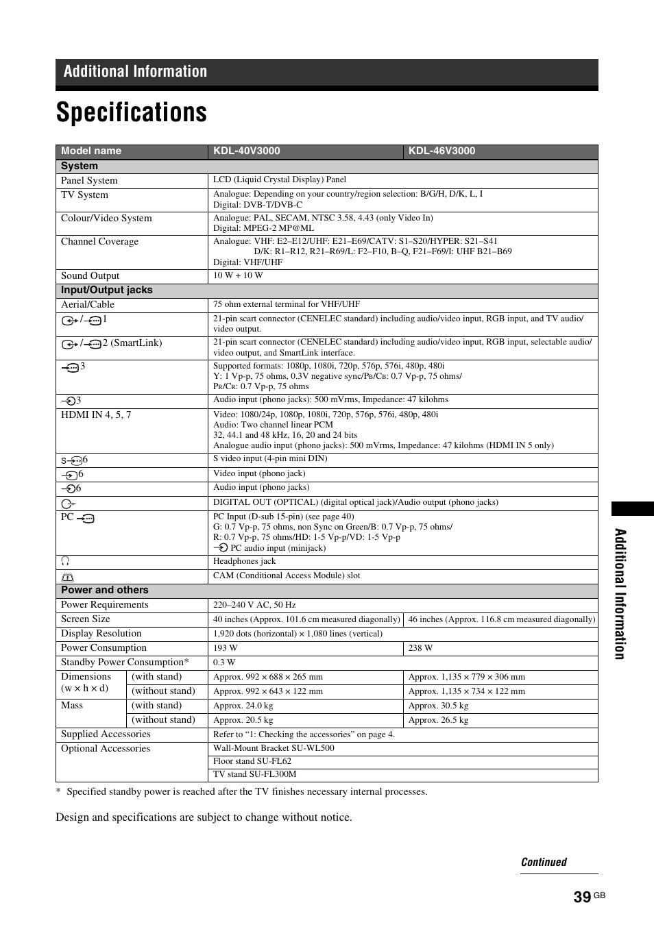 Additional information, Specifications | Sony KDL-40V3000 User Manual | Page 205 / 300
