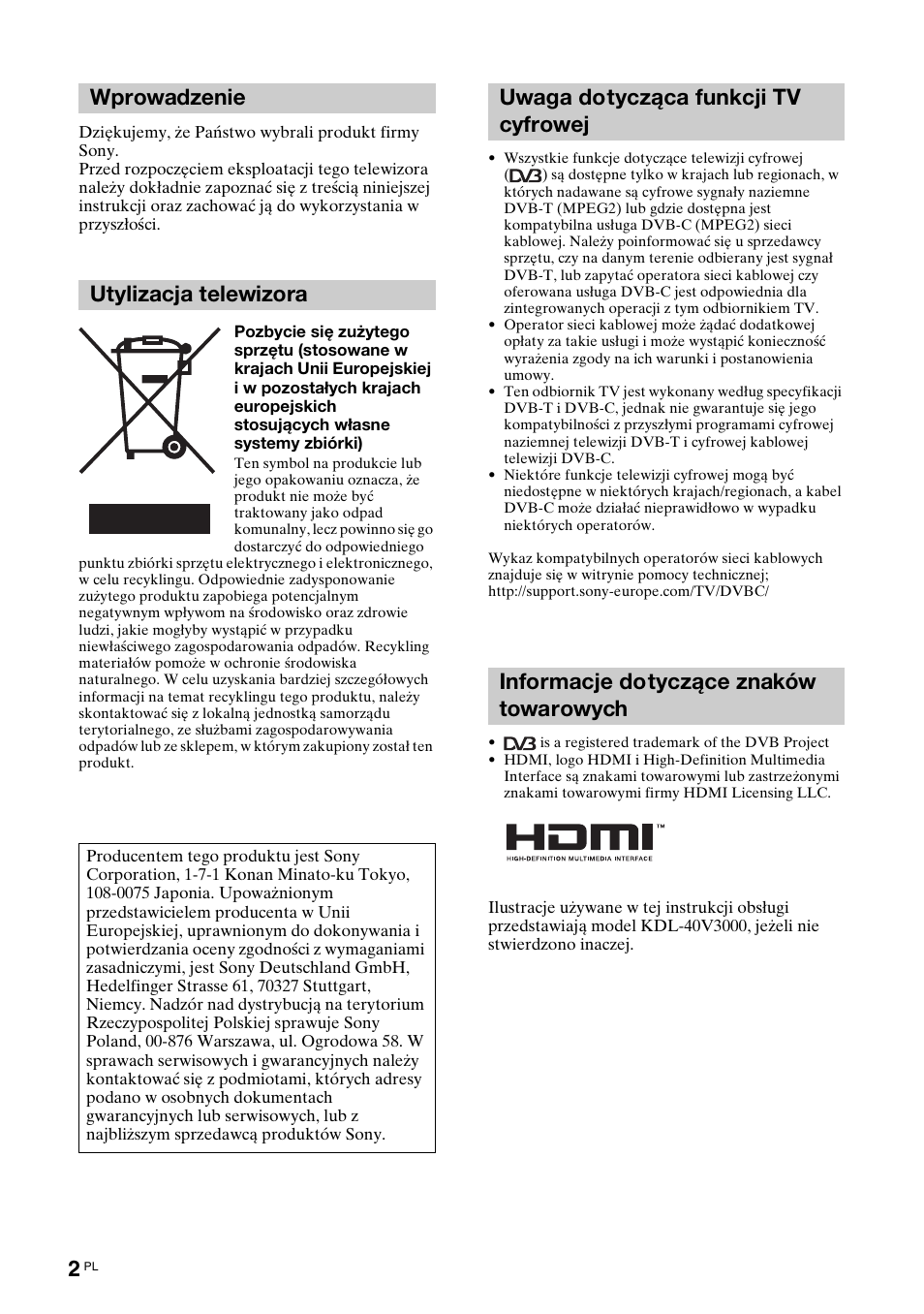 Wprowadzenie utylizacja telewizora | Sony KDL-40V3000 User Manual | Page 210 / 300